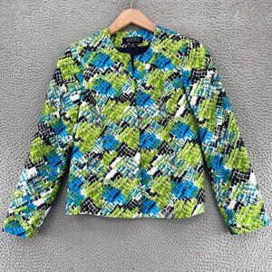 Kasper Jacket Womens 6 Petite Green Blue Croc Open Front Blazer Career Office